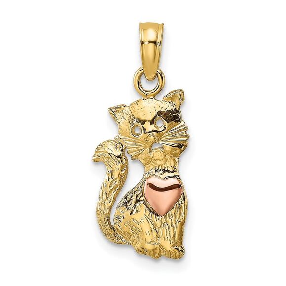 14k Yellow Gold Two-Tone Cat w/ Heart Charm